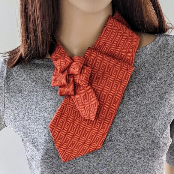 Women's Ascot Scarf Sustainably Made From A Terracotta Necktie - Picture 3 of 7